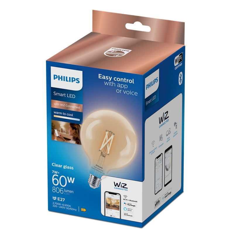 Philips Bombilla LED smart WiZ filamento E27 globo con wifi y Bluetooth G125 7W 60W 927-65 372108