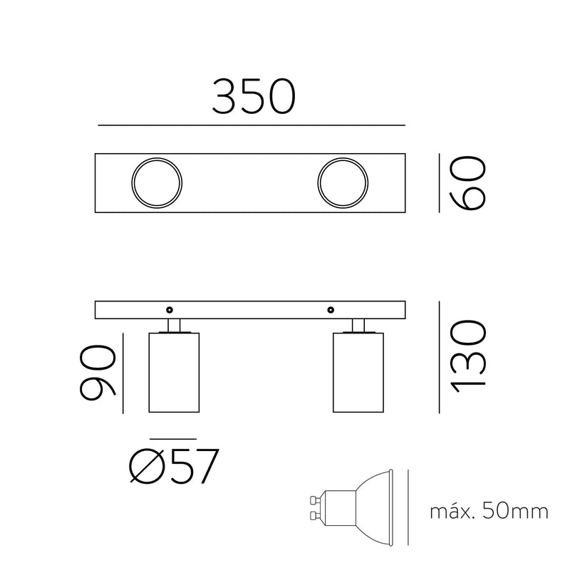 ACB Gina Plafón 3874/R2 Negro Texturado, LED GU10 2x8W, CL.I, Orientable P3874R20N