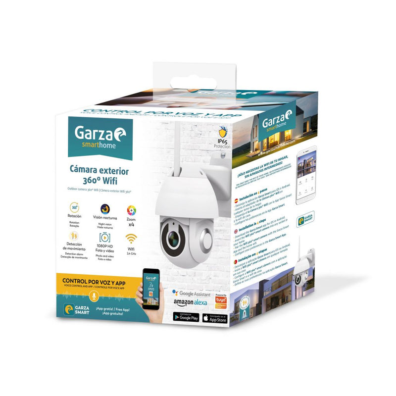 Garza 401270 Smarthome Cámara Exterior Wifi Inteligente 360 seguridad, HD 1080p, visión nocturna y zoom, control por voz y app, Alexa