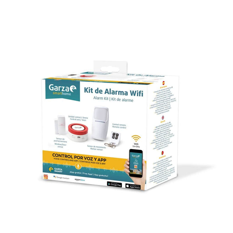 Garza 401280 Smarthome Kit de Alarma Wifi inteligente hogar, sirena 120 dB, sensor movimiento y puertas-ventanas, control remoto y voz