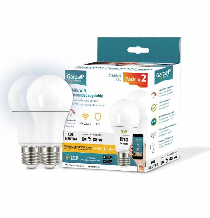 Garza 401284 Smarthome Pack de 2 Bombillas LED WiFi 9w 810 lm Estandar E27 inteligente, control por voz y app, Alexa, iOS, Google