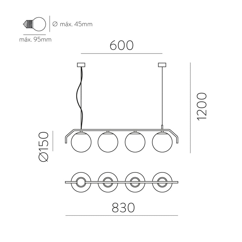 ACB Maui Colgante 8163/4L Opal/Negro Mate, LED E27 4x15W, CL.I, (E27 max. Ø45 mm) C81634N