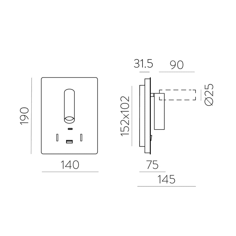 ACB Manat Aplique 16/3568 Niquel Mate, LED 12W 3000K 970lm + 3W 3000K 285lm, CRI90 CL.I, Dos interruptores, Orientable, Con USB, CON USBC A3568001NM