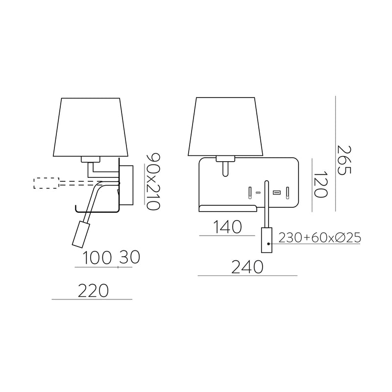 ACB Hold Aplique 16/3664 Negro Texturado, Pan. Blanca, LED 3W 3000K 285lm + LED E27 15W, CRI90 CL.I, Dos interruptores, Orientable, Con USB, CON USBC A3664181NIZQ