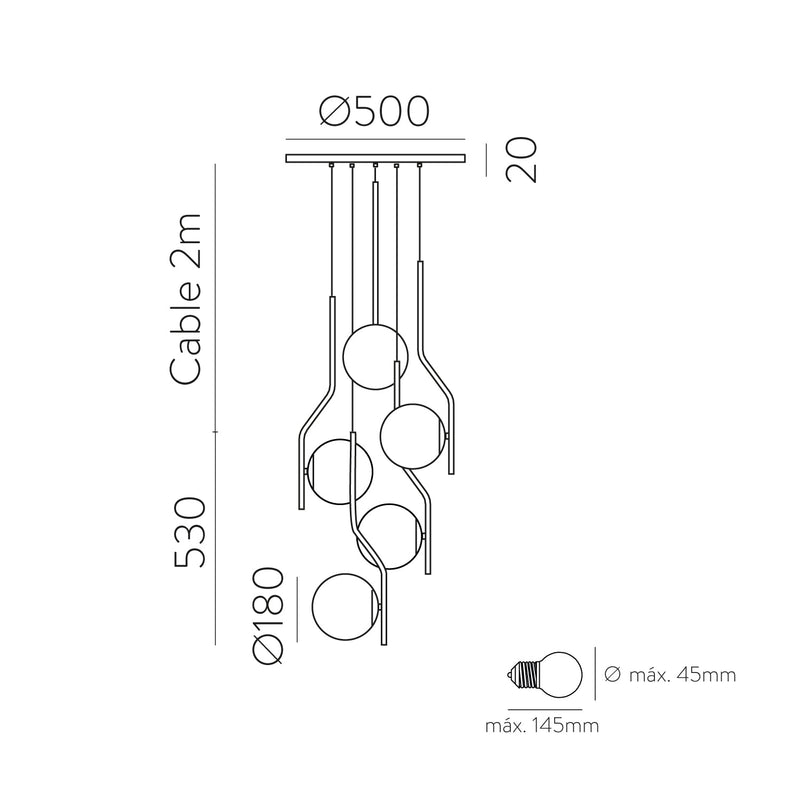 ACB Maui Colgante 8163/5 Opal/Negro Mate, LED E27 5x15W, CL.I, (E27 max. Ø45 mm) C816352N