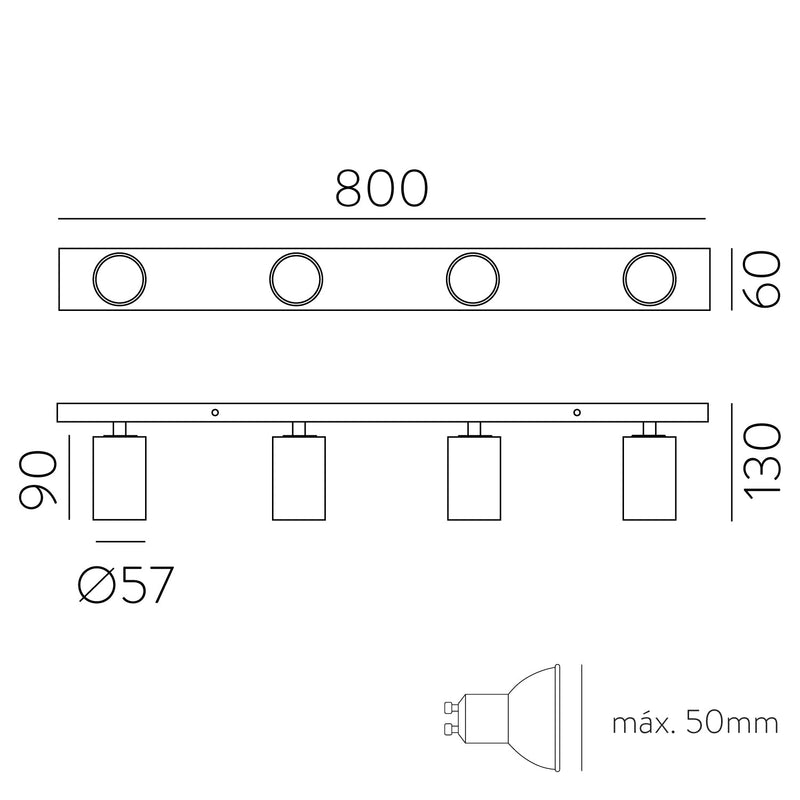 ACB Gina Plafón 3874/R4 Negro Texturado, LED GU10 4x8W, CL.I, Orientable P3874R40N