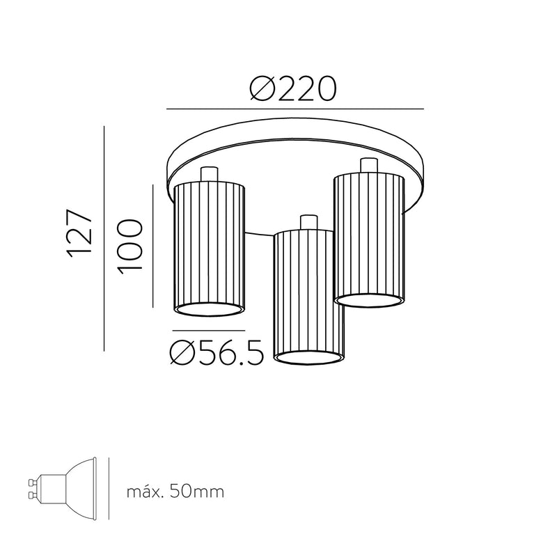 ACB Modrian Plafón 3951/P3 Negro/Oro Técnico, LED GU10 3x8W, CL.I, Orientable P3951280O